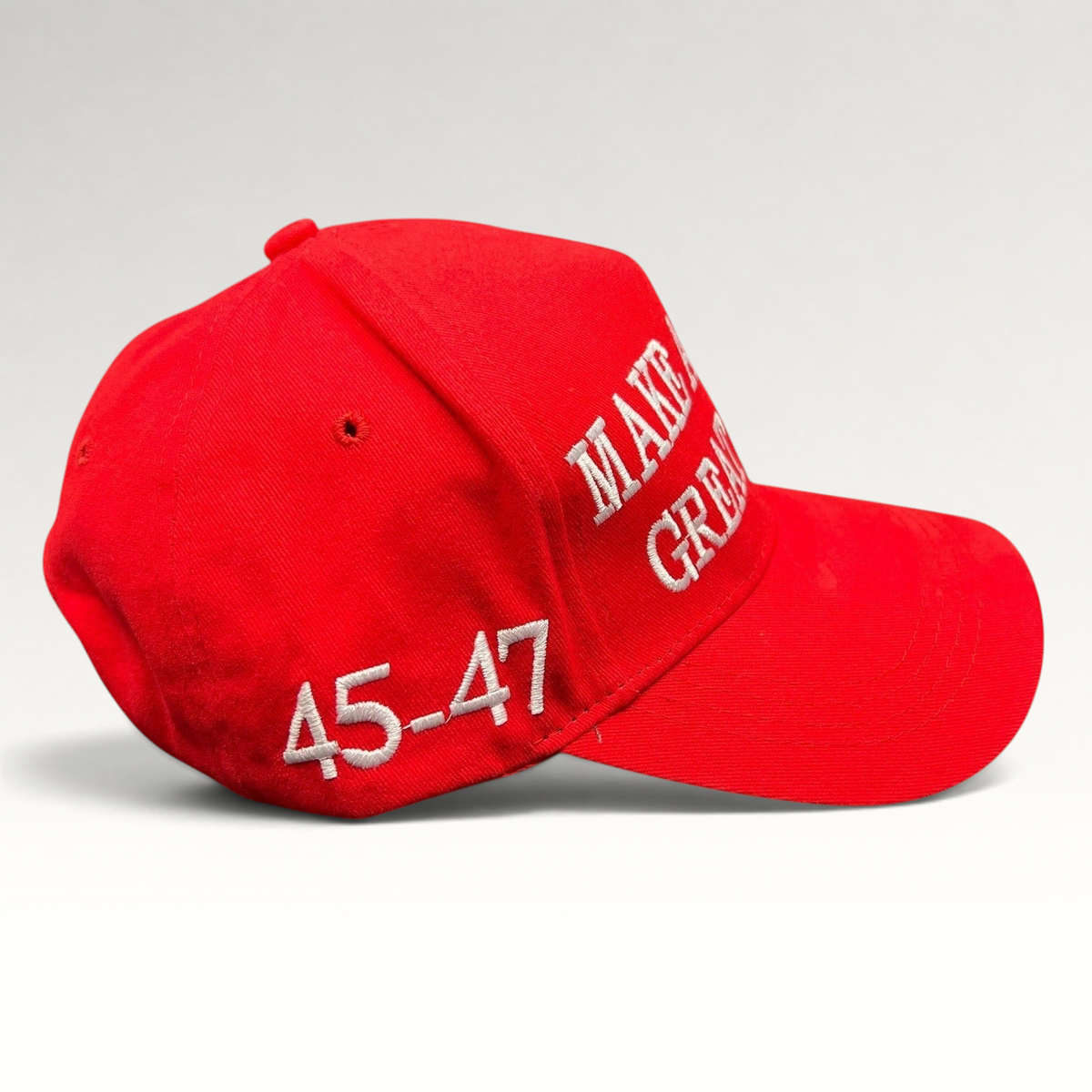 Raree Finds red Make America Great Again strapback hat with white 45-47 embroidery on a structured cotton crown.