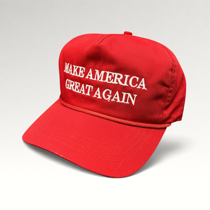 Raree Finds official red MAGA snapback hat with white embroidered lettering and braided rope detail