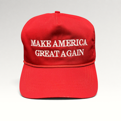 Raree Finds official red Make America Great Again snapback hat with white embroidery and braided rope detail