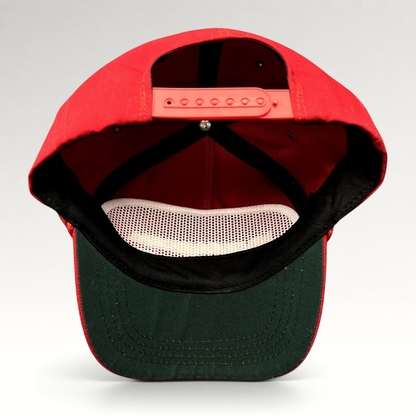 Raree Finds official red MAGA snapback hat with green undervisor and adjustable strap, interior view