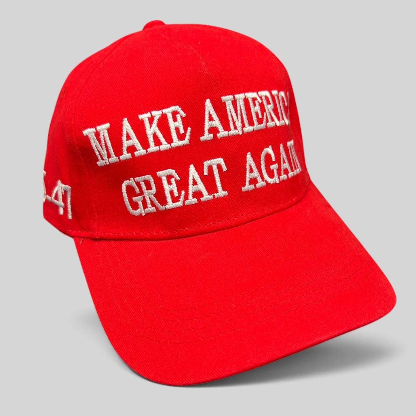 Raree Finds red Make America Great Again baseball cap with white embroidered text and curved brim