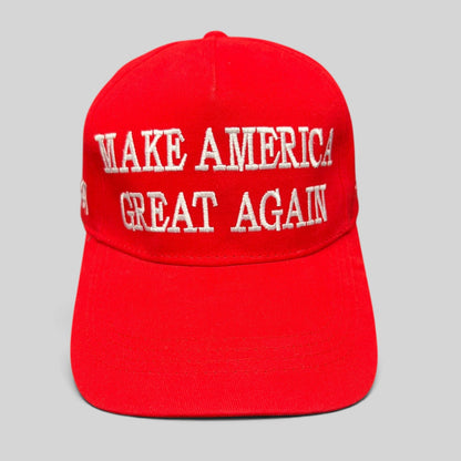 Raree Finds red Make America Great Again strapback baseball cap with bold white embroidered text on a structured crown