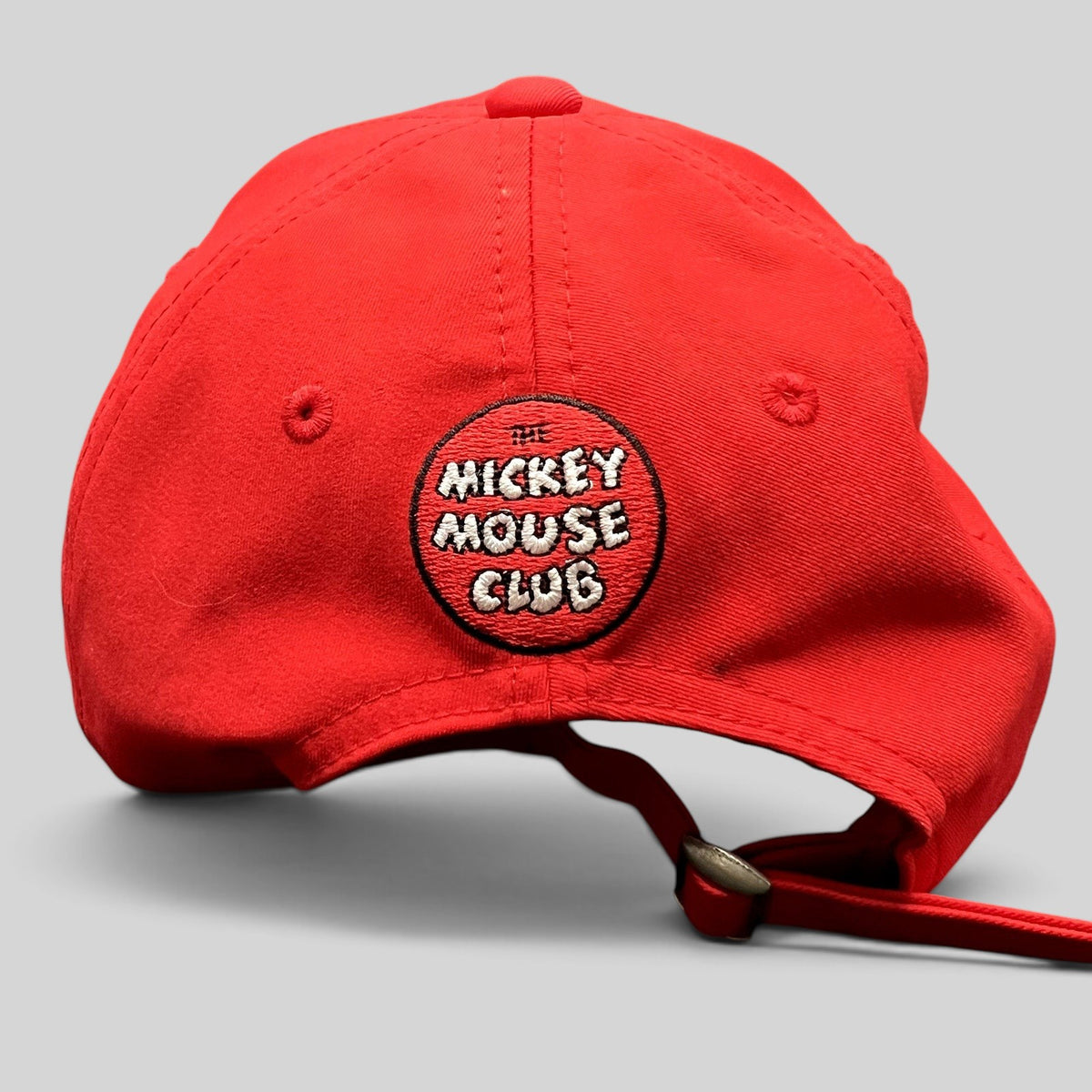 Raree Finds red Mickey Mouse Club House strapback hat with rear embroidered logo and adjustable brass buckle