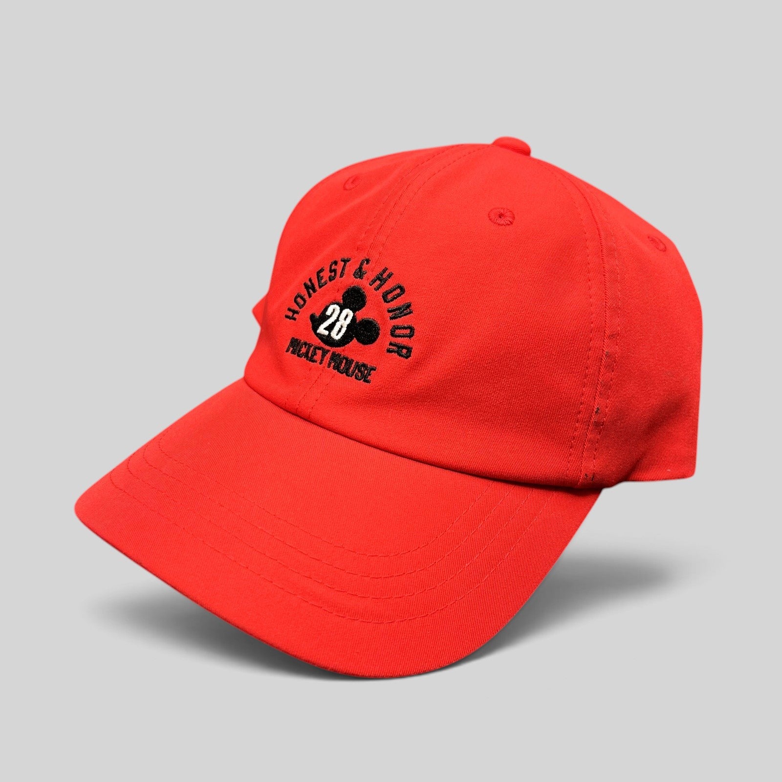 Raree Finds bright red Disney Mickey Mouse Club House strapback hat with Honest & Honor 28 embroidery