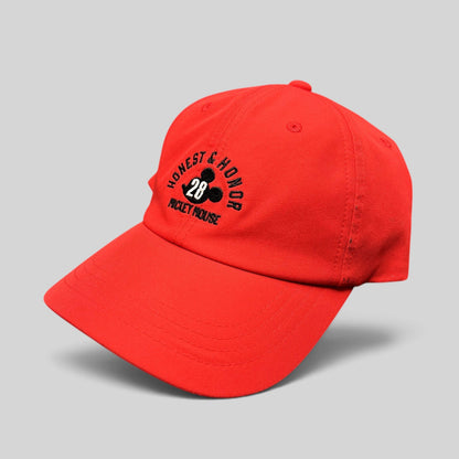 Raree Finds bright red Disney Mickey Mouse Club House strapback hat with Honest & Honor 28 embroidery