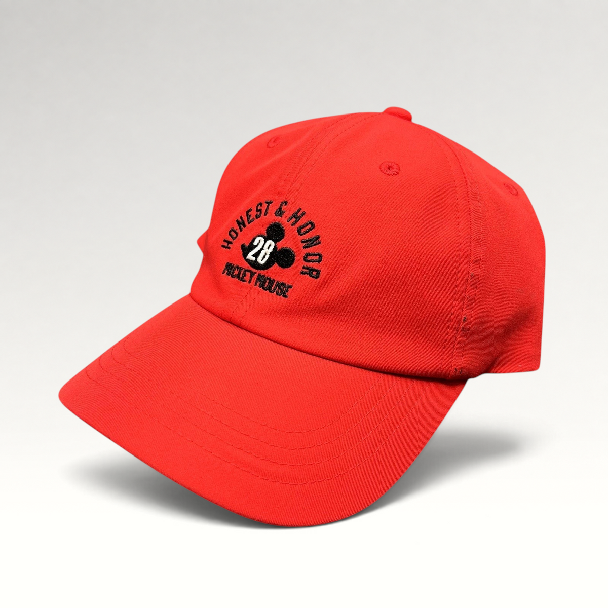 Raree Finds bright red Mickey Mouse Club House strapback hat with Honest & Honor 28 embroidery on the front