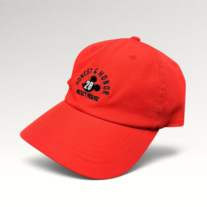 Raree Finds bright red Mickey Mouse Club House strapback hat with Honest & Honor 28 embroidery on the front