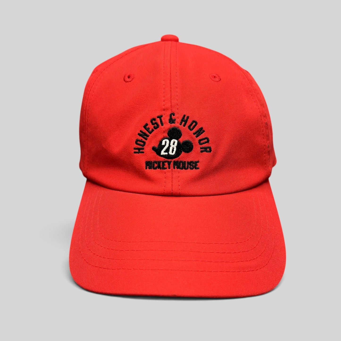 Raree Finds red Disney Mickey Mouse Club House strapback hat with Honest & Honor 28 embroidery on the front