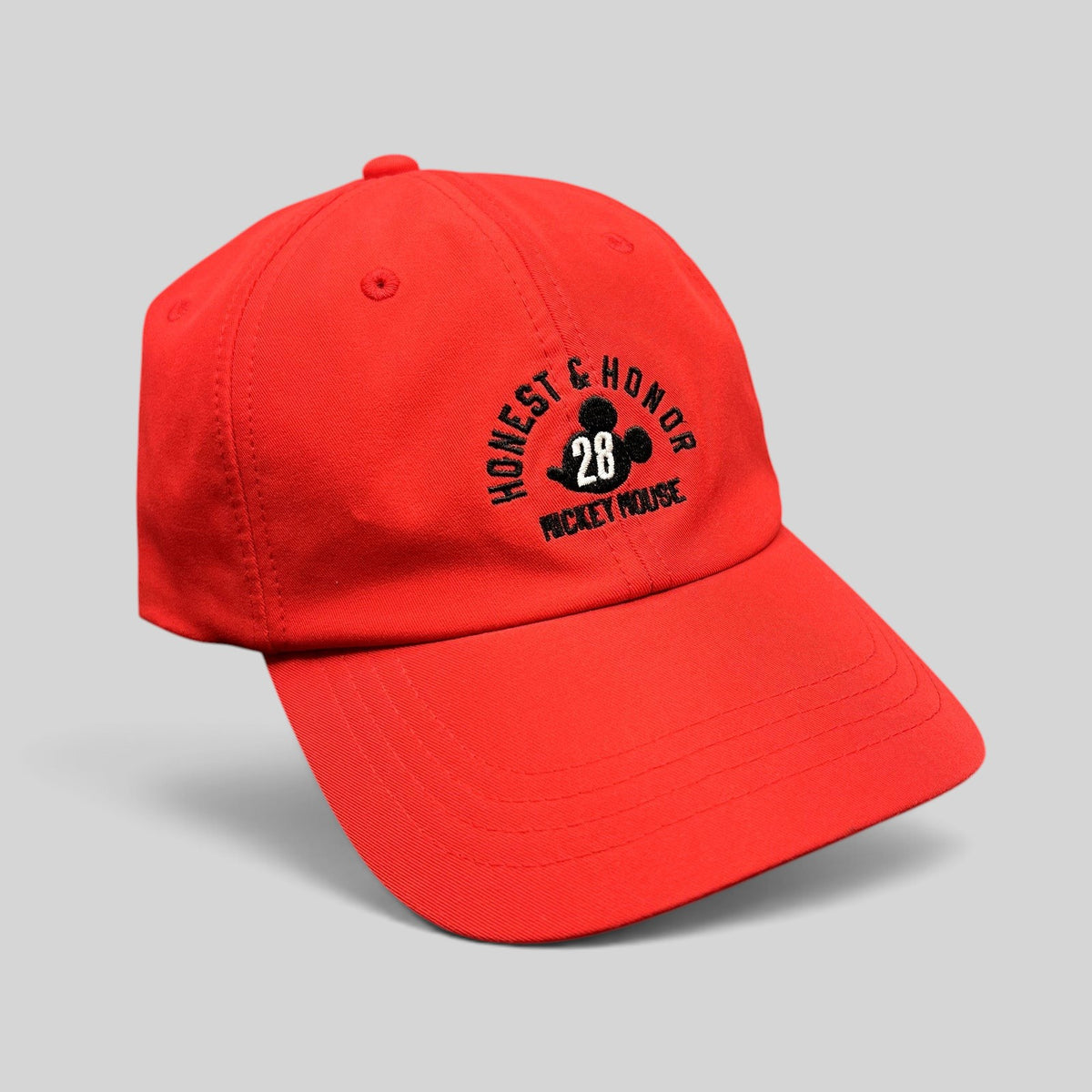 Raree Finds red Disney Mickey Mouse Club House strapback hat with Honest & Honor 28 embroidery and brass buckle