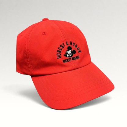 Raree Finds bright red Disney Mickey Mouse Club House strapback hat with Honest & Honor 28 embroidery