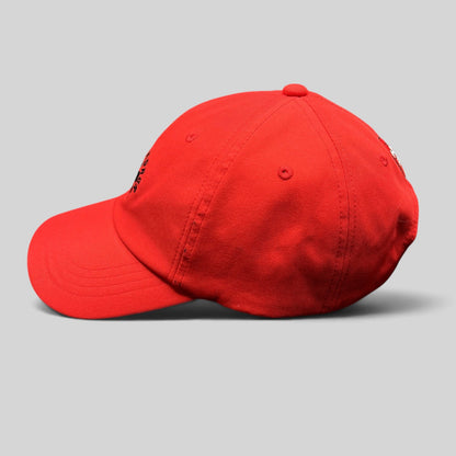 Raree Finds red Disney Mickey Mouse Club House strapback hat with Honest & Honor 28 embroidery, side profile view.