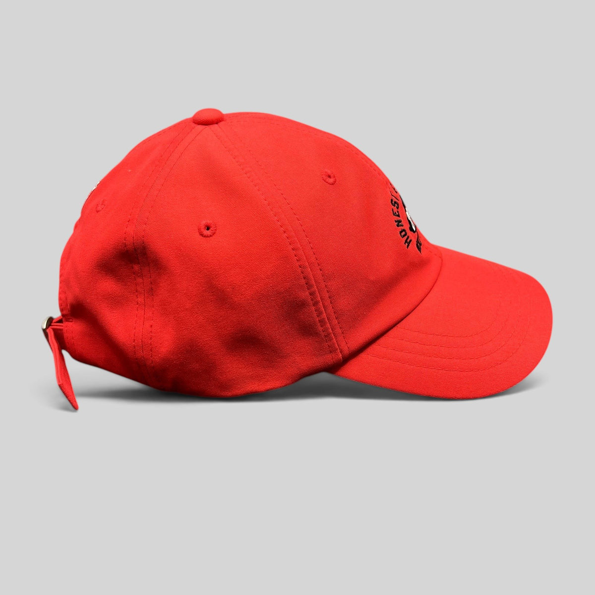 Raree Finds bright red Disney Mickey Mouse Club House strapback hat with Honest and Honor 28 embroidery side view