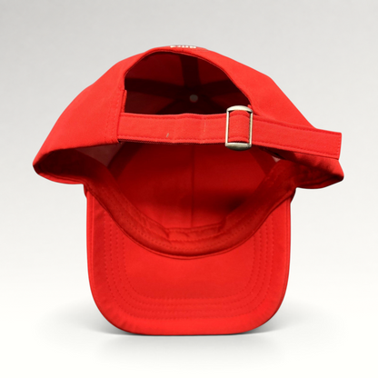 Raree Finds bright red Disney Mickey Mouse Club House strapback hat with adjustable brass buckle, back view