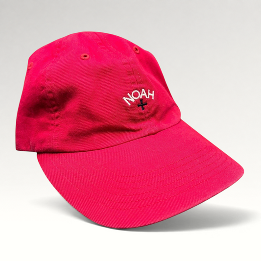 Raree Finds red cotton unstructured strapback hat with white embroidered NOAH cross logo