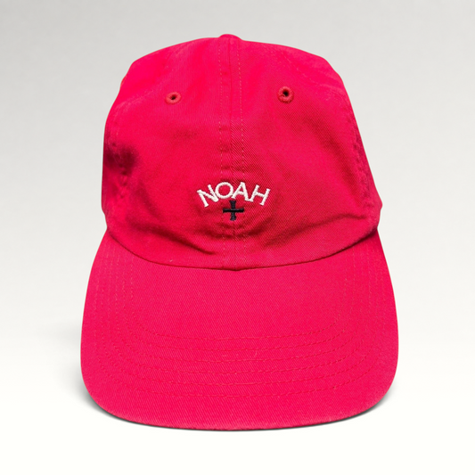 Raree Finds red cotton strapback hat with white embroidered NOAH cross logo and unstructured profile