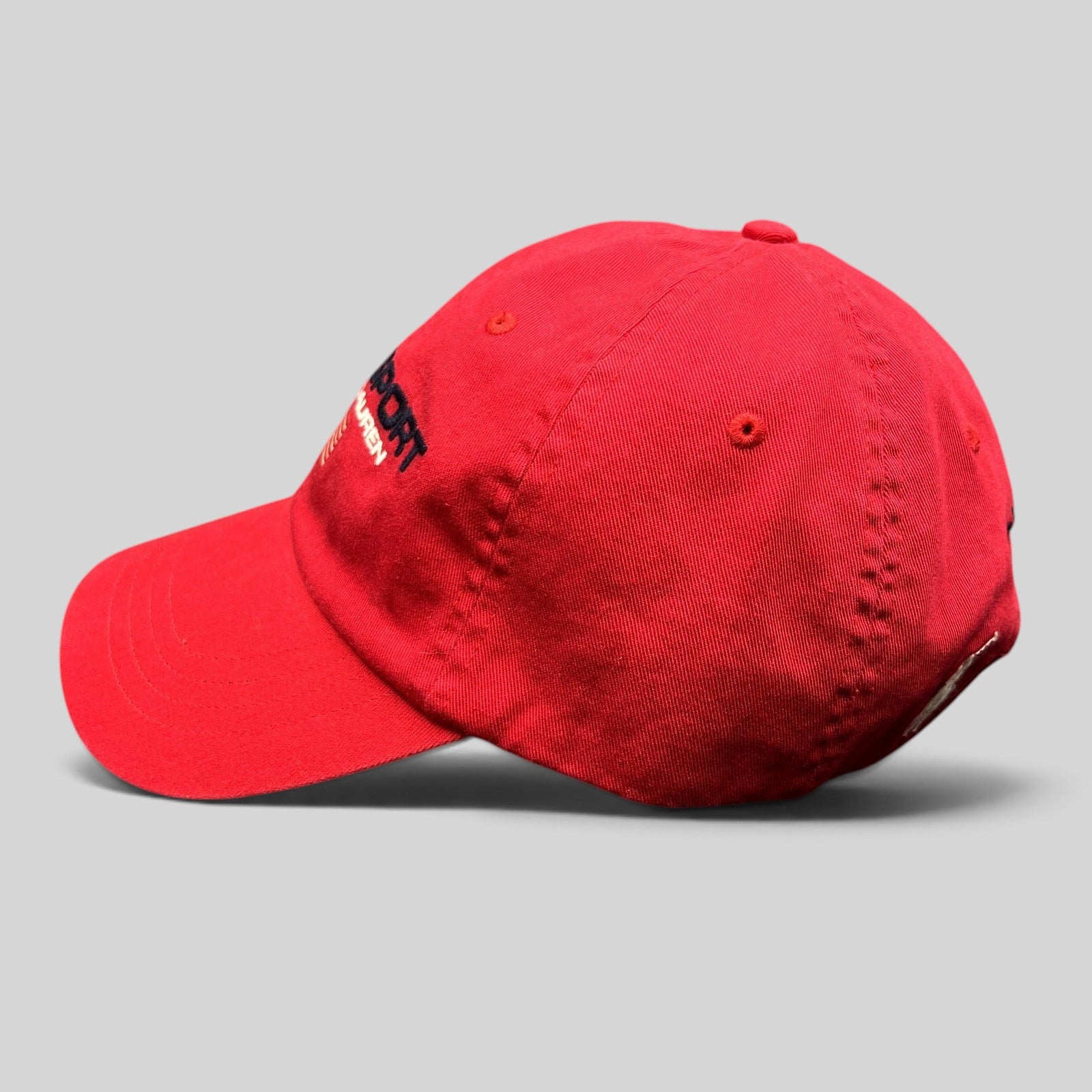 Raree Finds red Polo Sport Ralph Lauren cotton strapback cap with embroidered USA flag and front spellout logo