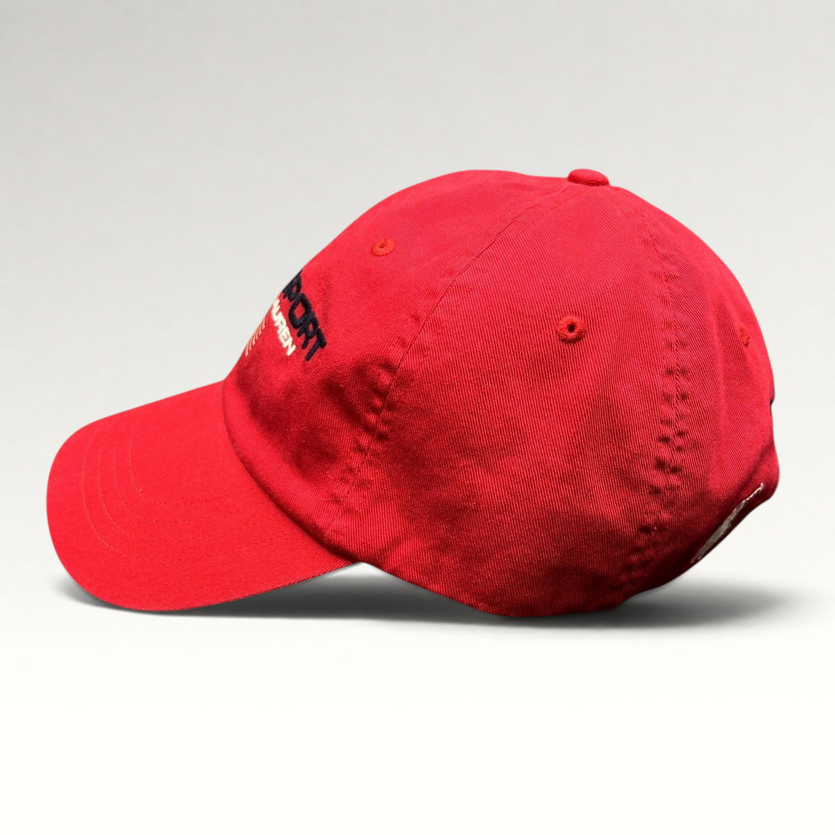 Raree Finds red Polo Sport Ralph Lauren cotton strapback cap with embroidered USA flag and front spellout logo