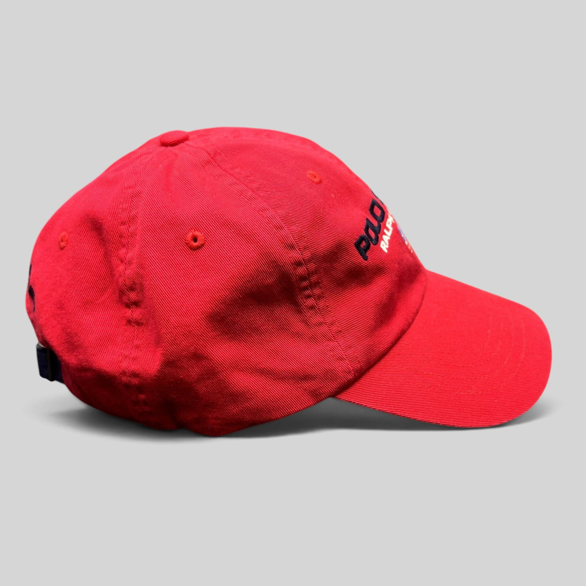 Raree Finds red Polo Sport Ralph Lauren cotton strapback hat with USA flag and spellout embroidery