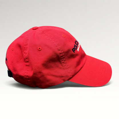 Raree Finds red Polo Sport Ralph Lauren cotton strapback hat with USA flag and spellout embroidery