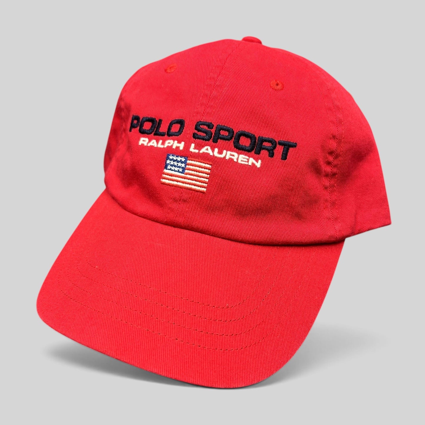 Raree Finds red cotton Polo Sport Ralph Lauren strapback hat with embroidered USA flag and front spellout logo
