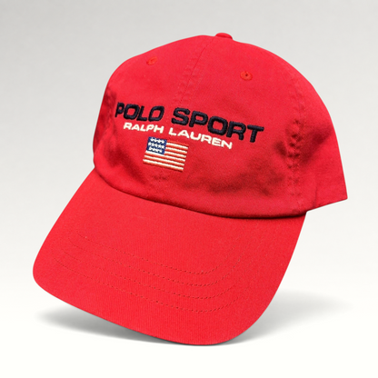 Raree Finds red cotton Polo Sport Ralph Lauren strapback hat with embroidered USA flag and front spellout logo