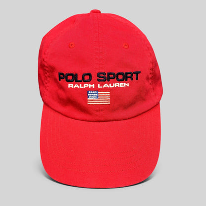 Raree Finds red Polo Sport Ralph Lauren cotton strapback hat with embroidered USA flag and front spellout logo