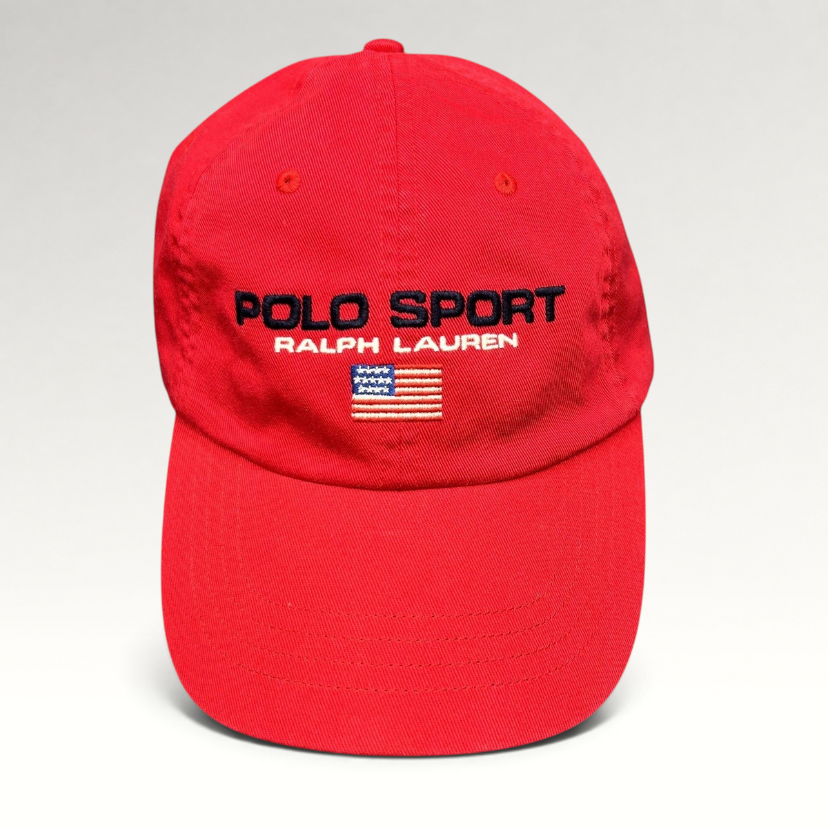 Raree Finds red Polo Sport Ralph Lauren cotton strapback hat with embroidered USA flag and front spellout logo