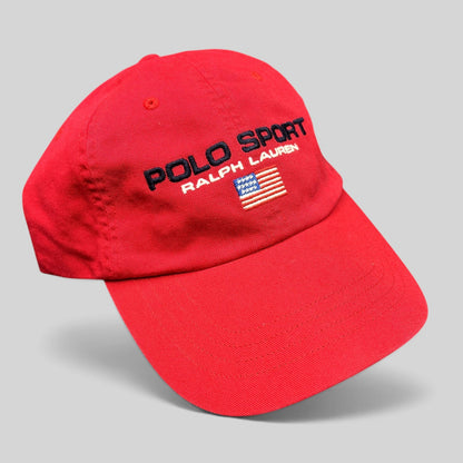 Raree Finds red cotton Polo Sport Ralph Lauren strapback hat with embroidered USA flag and front spellout logo.