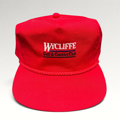 Raree Finds vintage red snapback hat with Wycliffe Golf & Country Club embroidery and decorative rope trim.