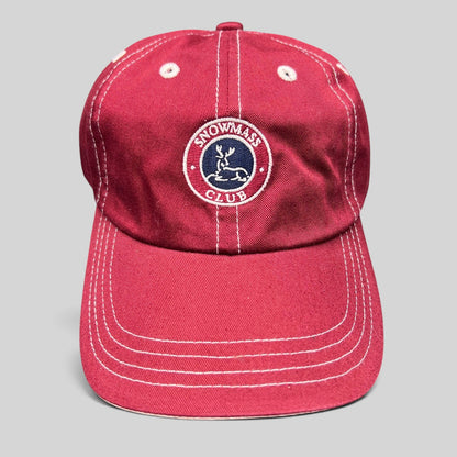 Raree Finds red Snowmass Club strapback hat with white contrast stitching and embroidered deer crest logo