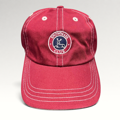 Raree Finds red Snowmass Club strapback hat with white contrast stitching and embroidered deer crest logo