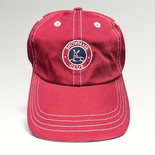 Raree Finds red Snowmass Club strapback hat with white contrast stitching and embroidered deer crest logo
