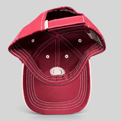 Raree Finds red Snowmass Club strapback hat with white contrast stitching and adjustable back strap