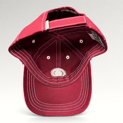 Raree Finds red Snowmass Club strapback hat with white contrast stitching and adjustable back strap