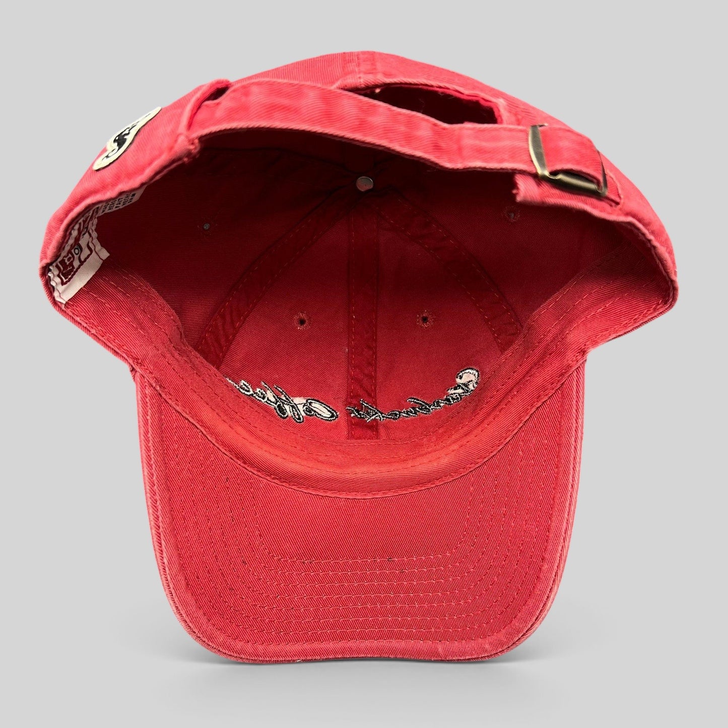 Raree Finds red American Needle Starbucks cotton strapback hat showing interior view with adjustable metal buckle