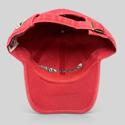 Raree Finds red American Needle Starbucks cotton strapback hat showing interior view with adjustable metal buckle