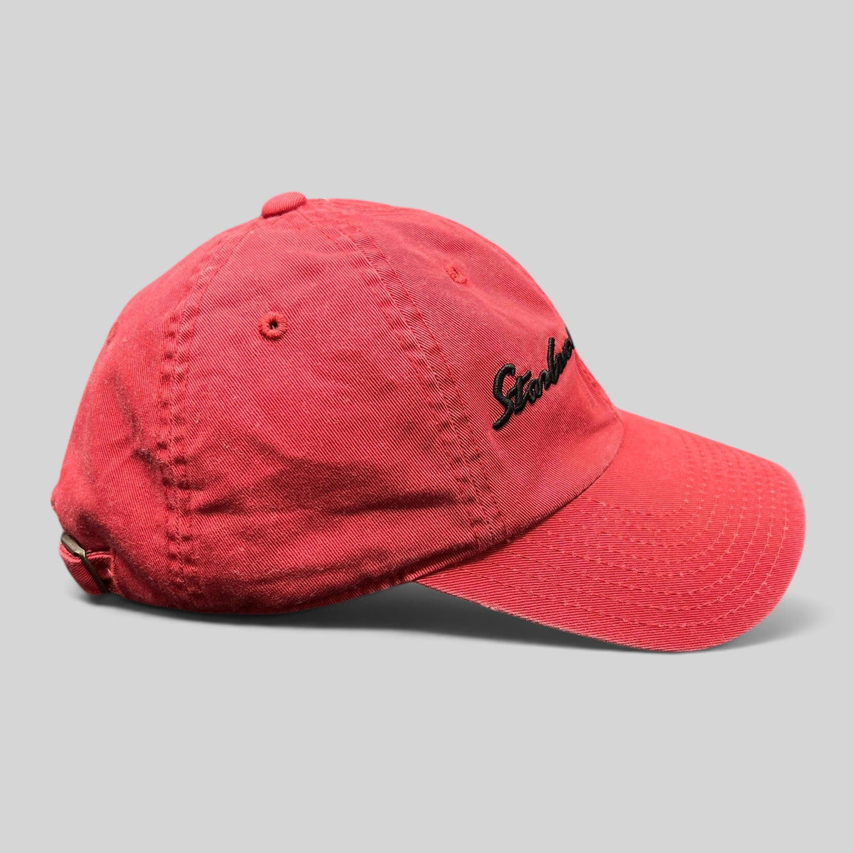 Raree Finds red cotton Starbucks Coffee strapback hat with black script embroidery and adjustable metal closure