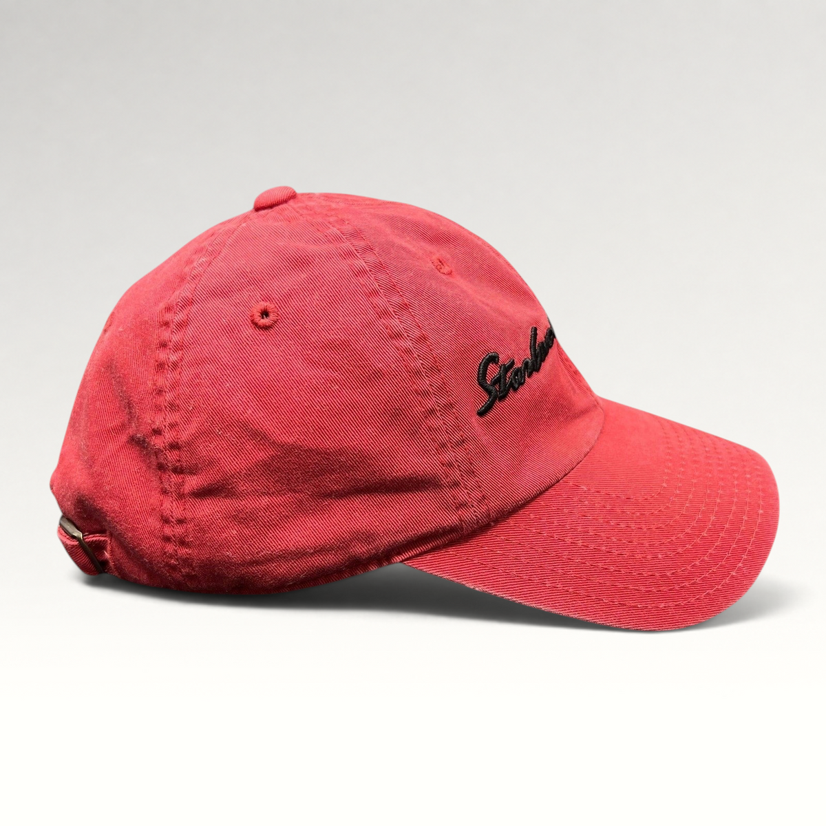Raree Finds red cotton Starbucks Coffee strapback hat with black script embroidery and adjustable metal closure
