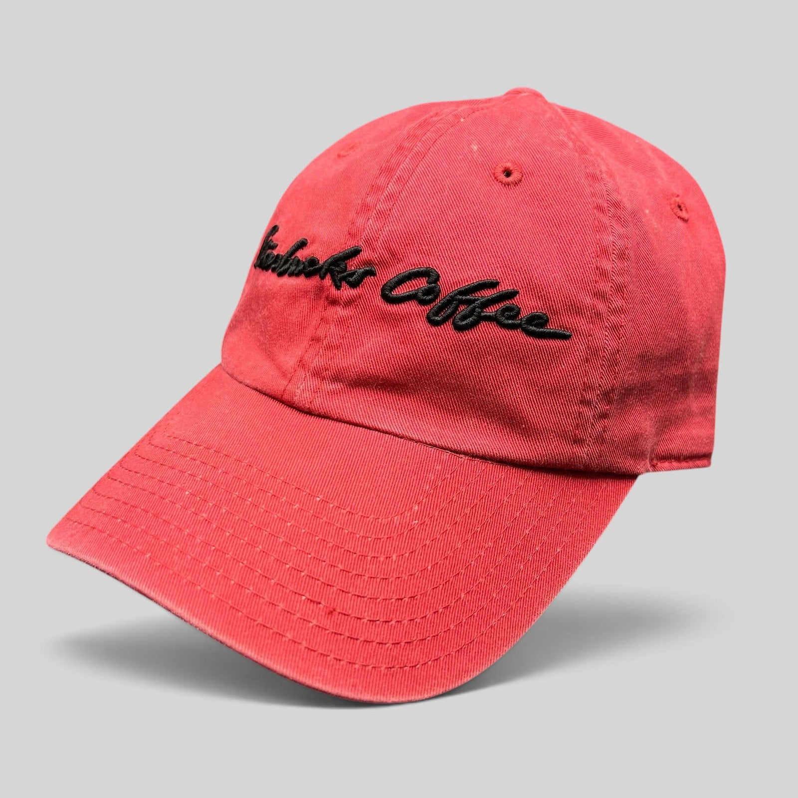 Raree Finds red cotton Starbucks Coffee strapback hat with black script embroidery and unstructured fit