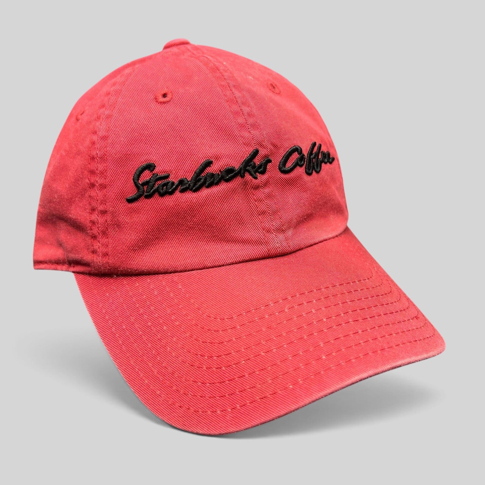 Raree Finds red cotton Starbucks Coffee strapback hat with black script embroidery and unstructured fit