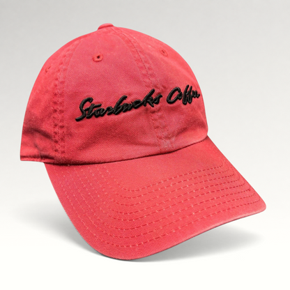 Raree Finds red cotton Starbucks Coffee strapback hat with black script embroidery and unstructured fit