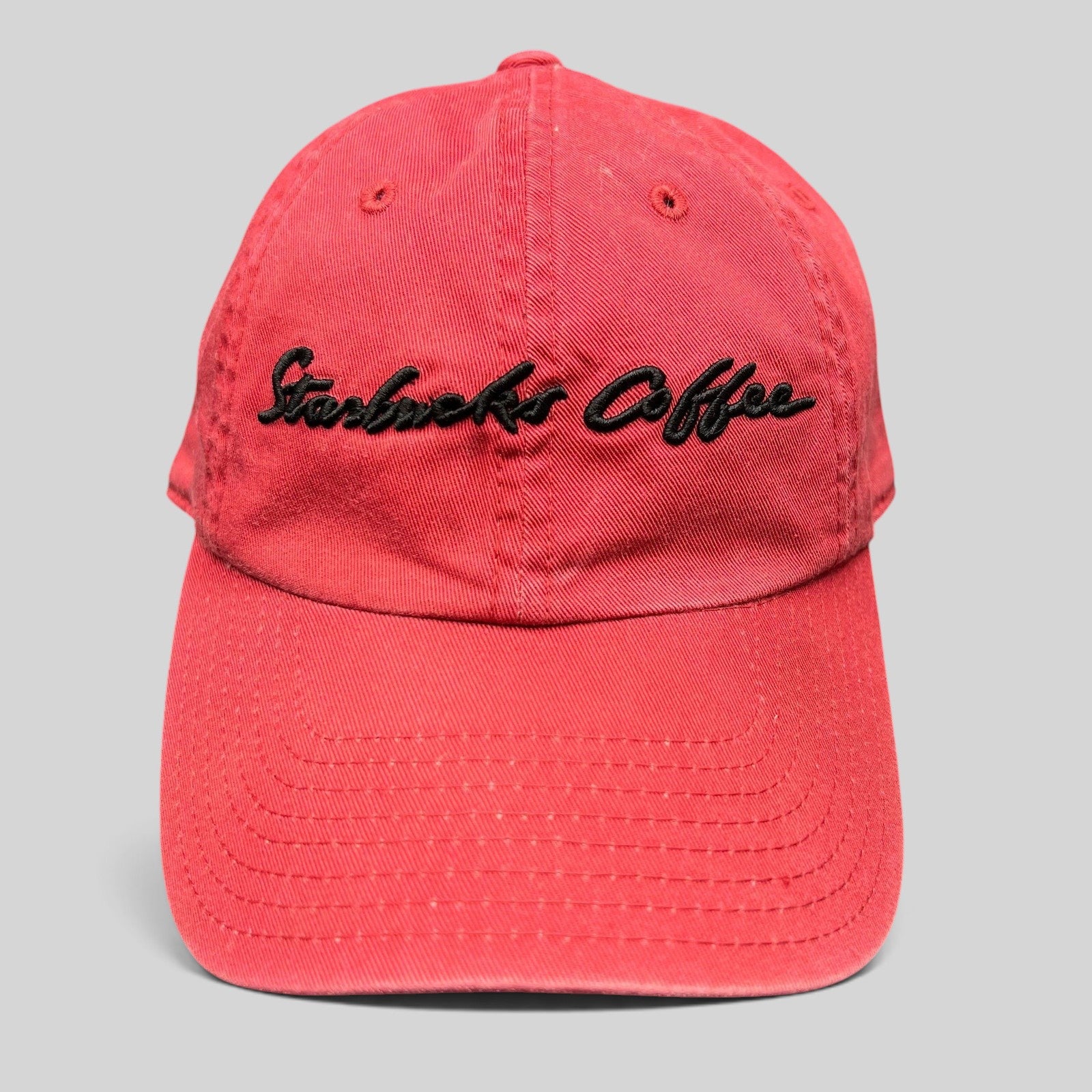 Raree Finds red cotton Starbucks Coffee strapback hat with black script embroidery on the front