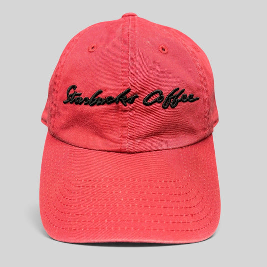 Raree Finds red cotton Starbucks Coffee strapback hat with black script embroidery on the front