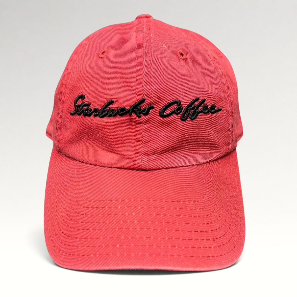 Raree Finds red cotton Starbucks Coffee strapback hat with black script embroidery on the front