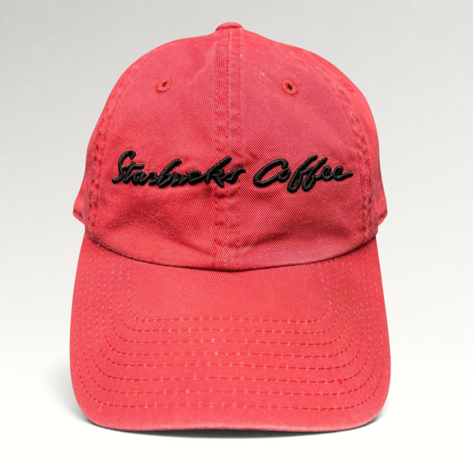 Raree Finds red cotton Starbucks Coffee strapback hat with black script embroidery on the front
