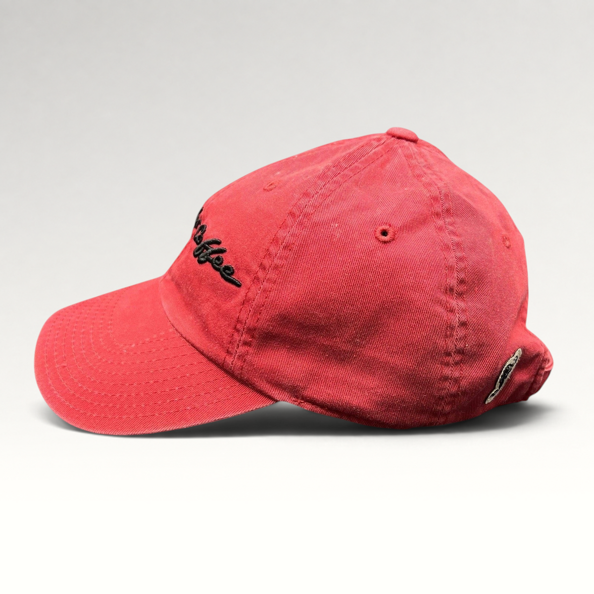 Raree Finds red cotton Starbucks strapback hat with black script embroidery and side siren patch