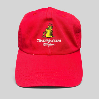 Raree Finds vintage red cotton strapback dad cap with embroidered Trashmasters Aspen trash can golf mascot graphic.