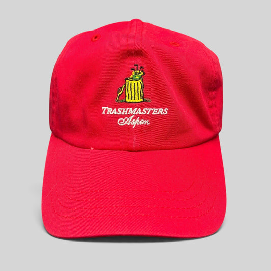 Raree Finds vintage red cotton strapback dad cap with embroidered Trashmasters Aspen trash can golf mascot graphic.