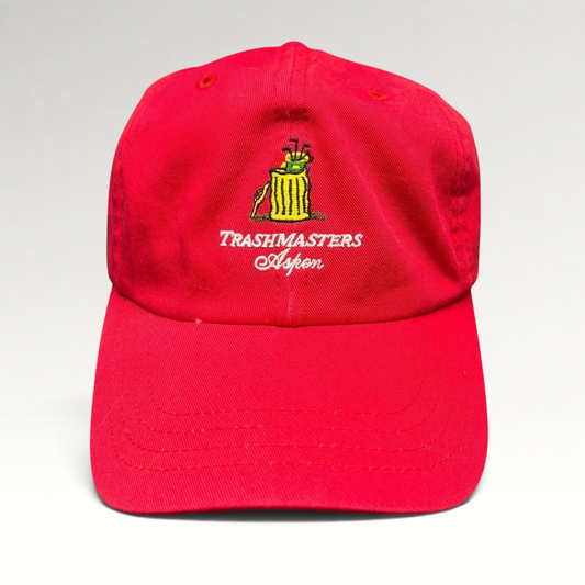 Raree Finds vintage red cotton strapback dad cap with embroidered Trashmasters Aspen trash can golf mascot graphic.