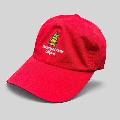 Raree Finds vintage red cotton strapback dad cap with Trashmasters Aspen embroidered trash can golf mascot graphic.